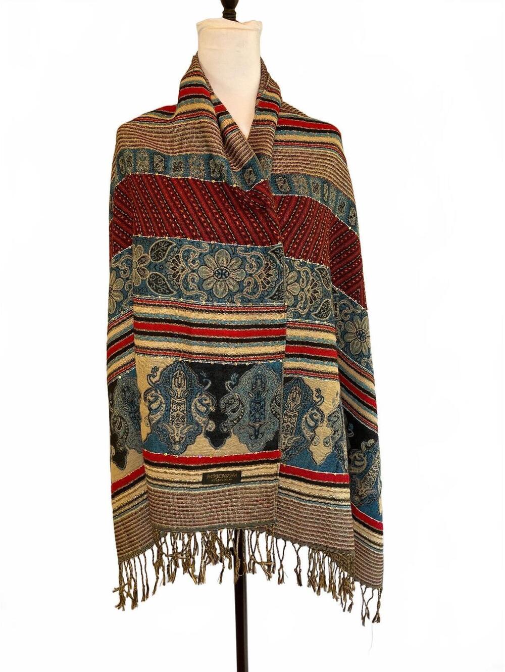 100% Pashmina Shawl Wrap Boho Paisley Sequin Metallic Gold Multicolor Fringe Art